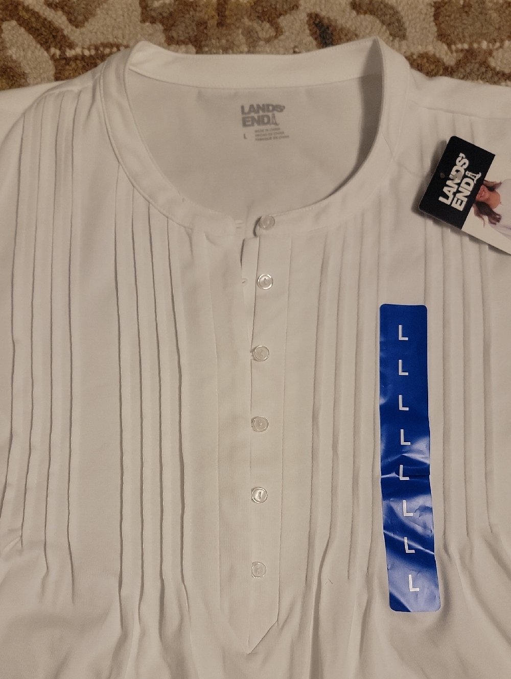Lands' End Men's White Pleated Button-Front Casual Shirt - Picture 2 of 5